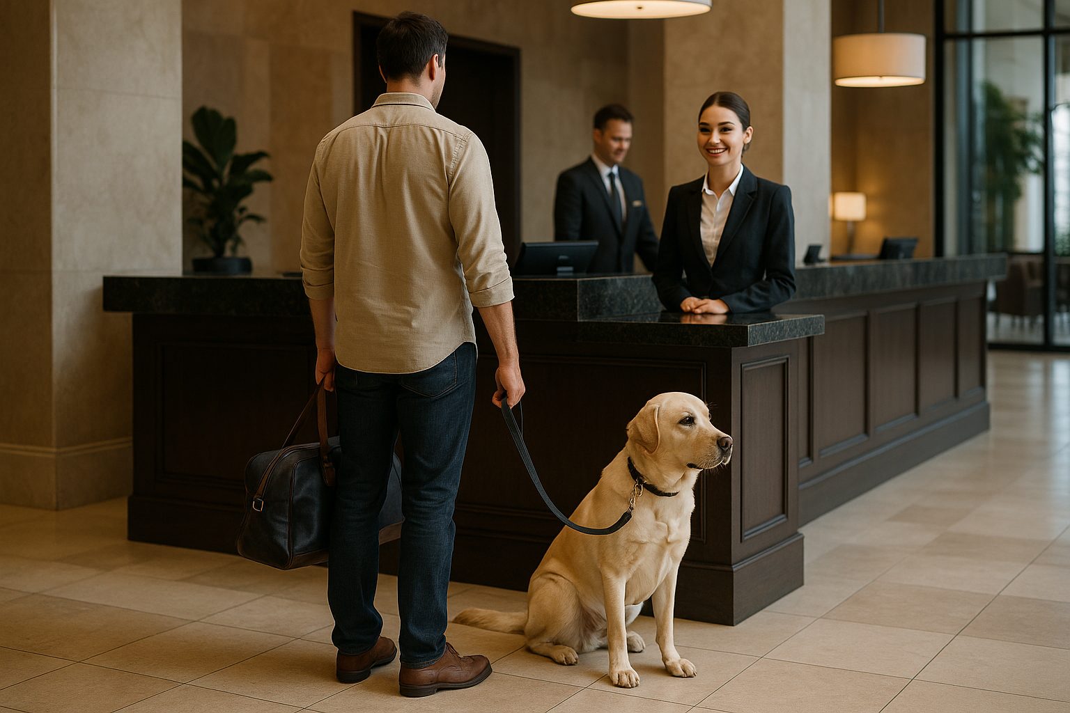 A calm service dog with handler at a hotel check-in desk.