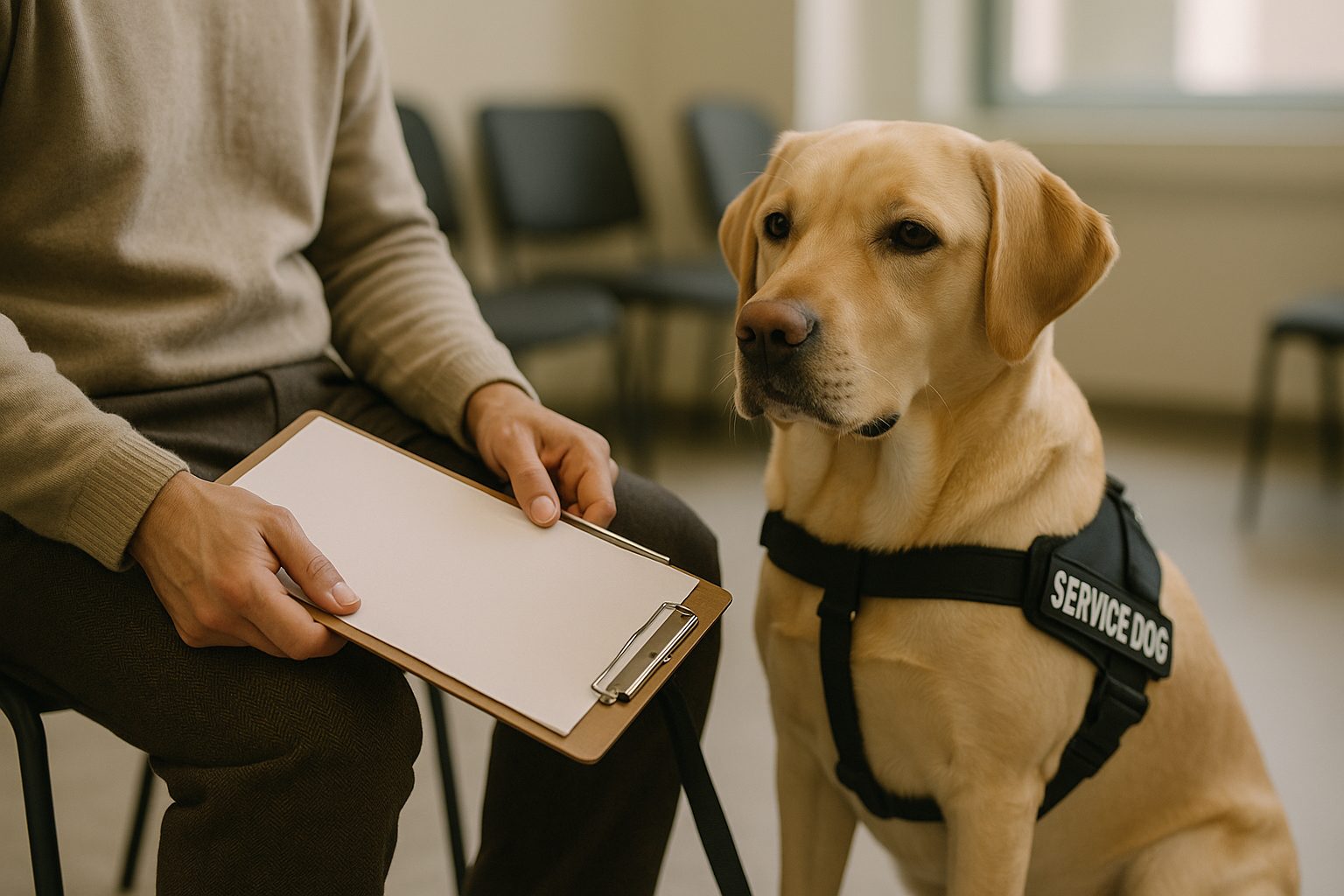 A calm service dog with handler in a quiet waiting-room setting.