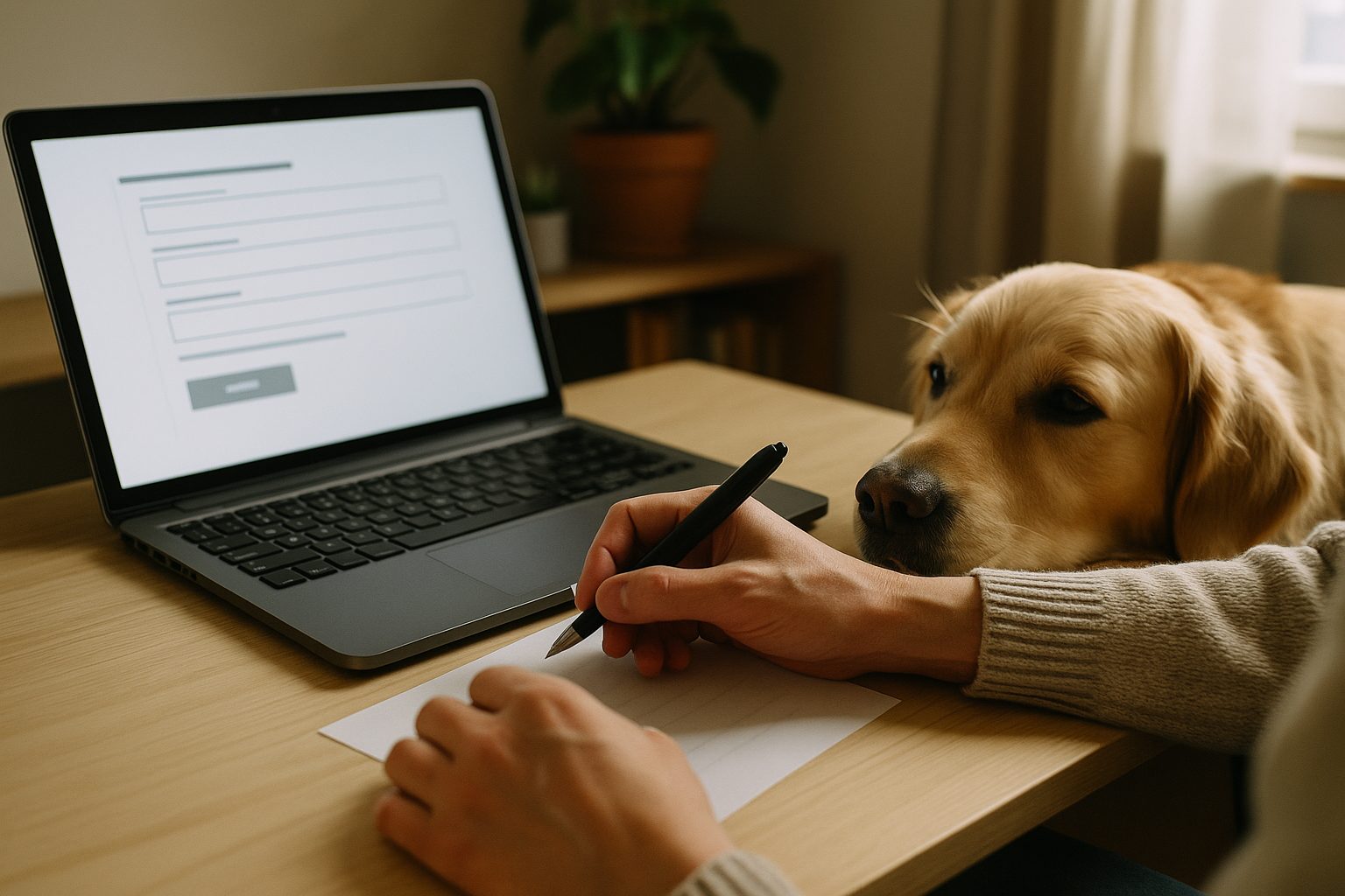 A person completing an online form with an emotional support dog nearby.