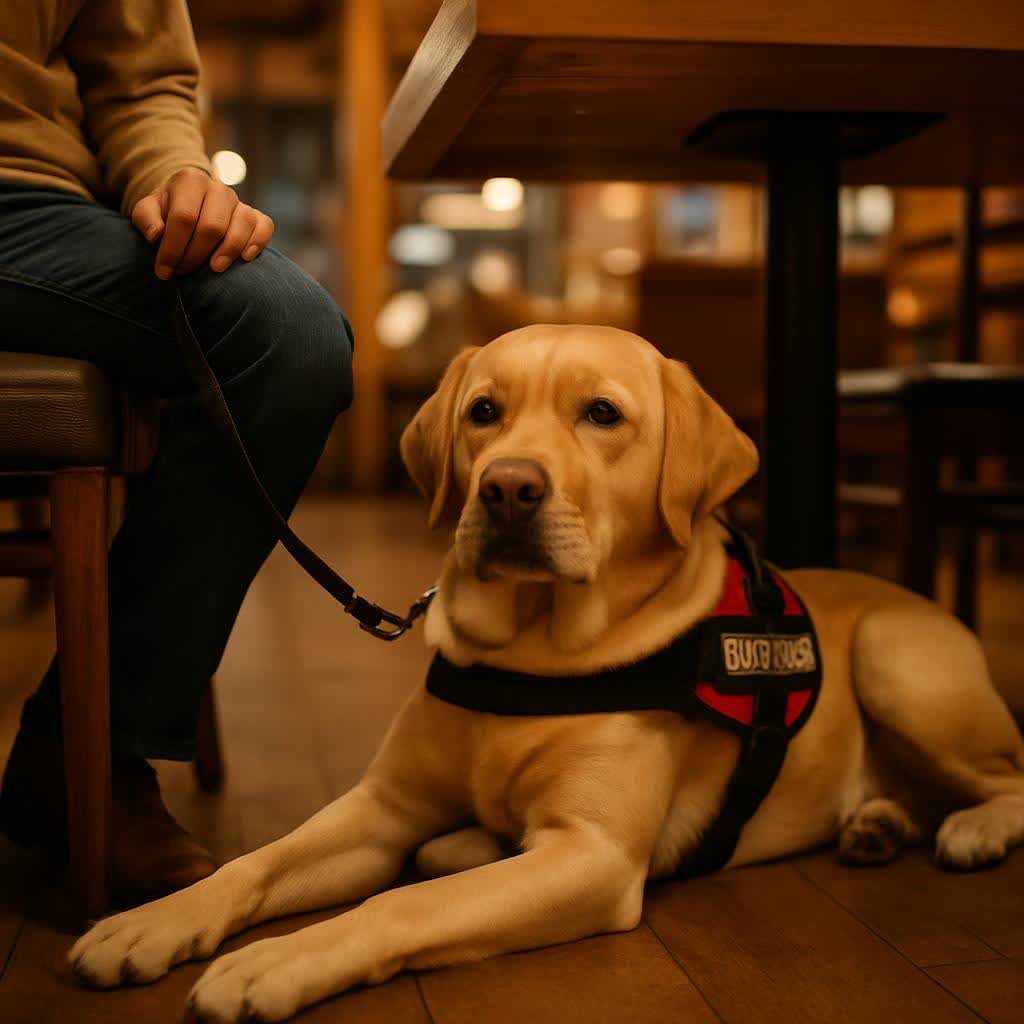 Service dog resting calmly under a restaurant table beside its handler