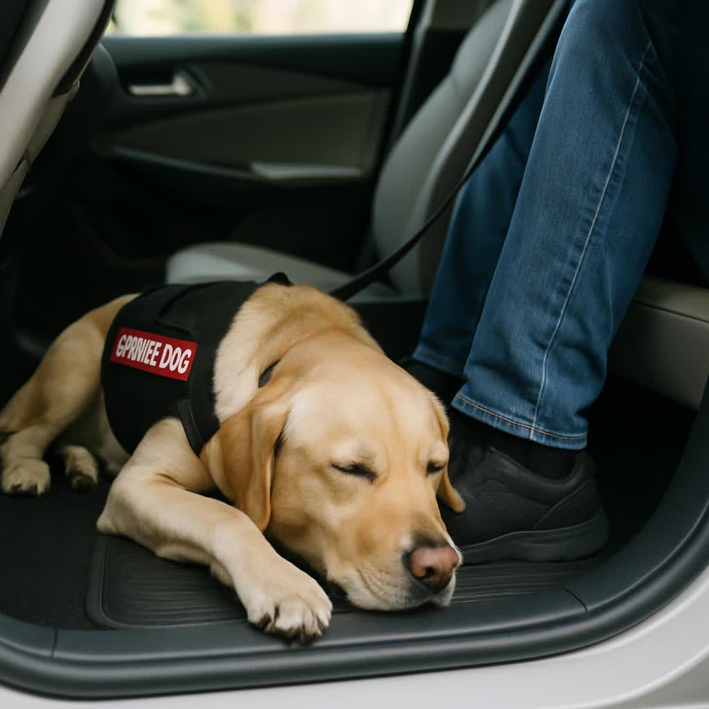 Service dog resting calmly on the floor of a rideshare car during travel