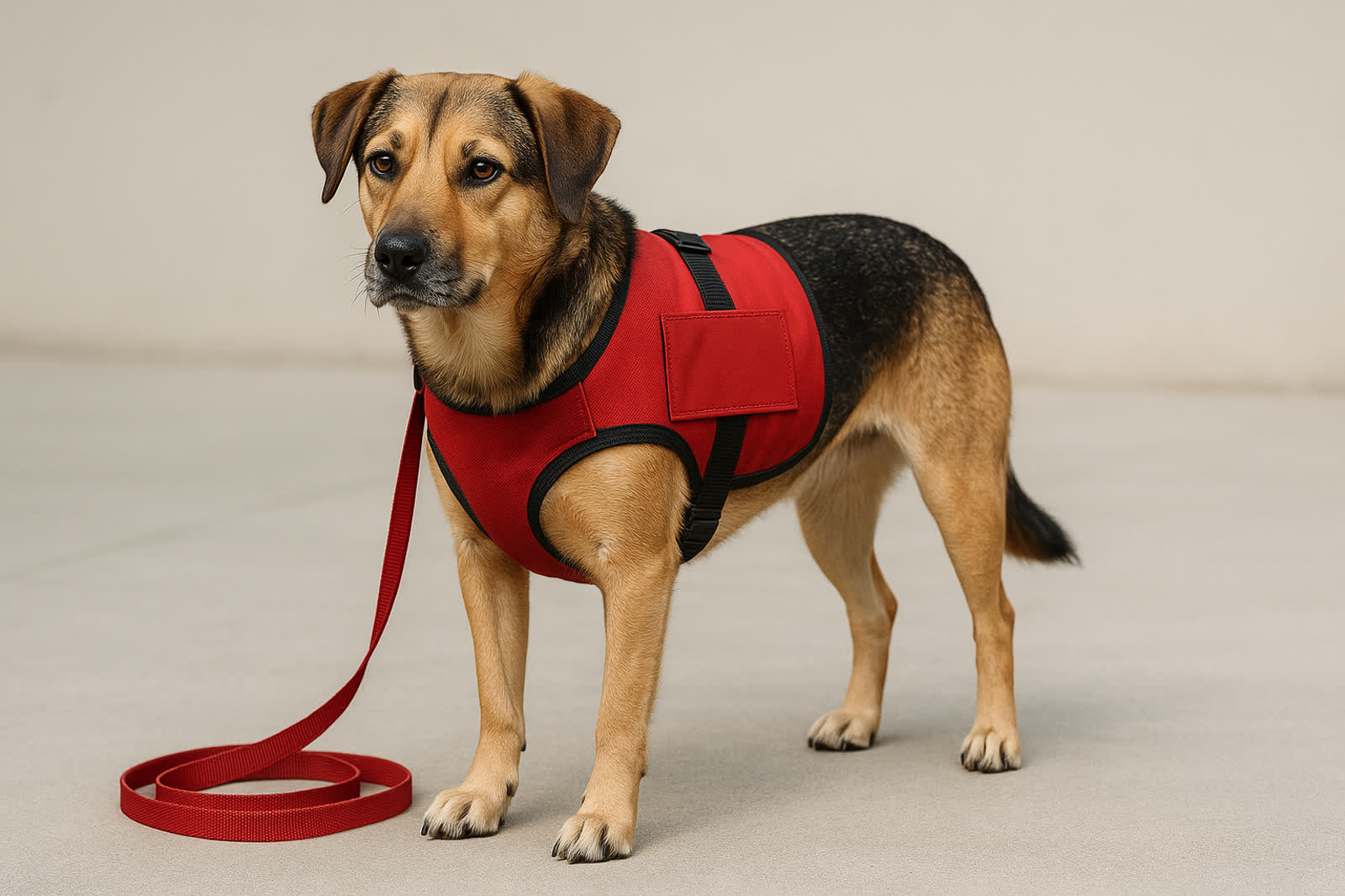 Service dog wearing a simple training vest outdoors
