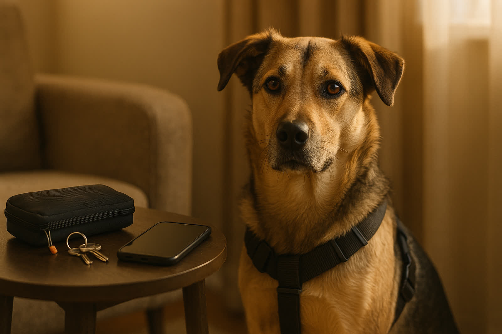 Service dog near an organized routine station with essentials at home