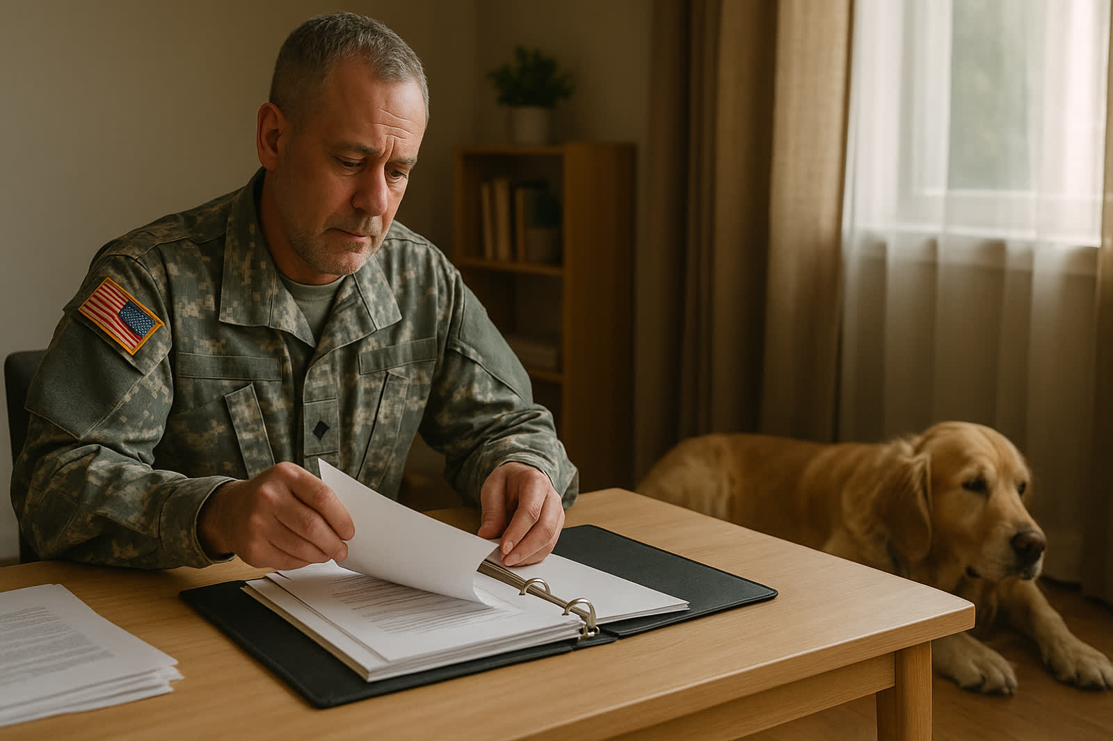 Veteran organizing paperwork with a calm dog nearby
