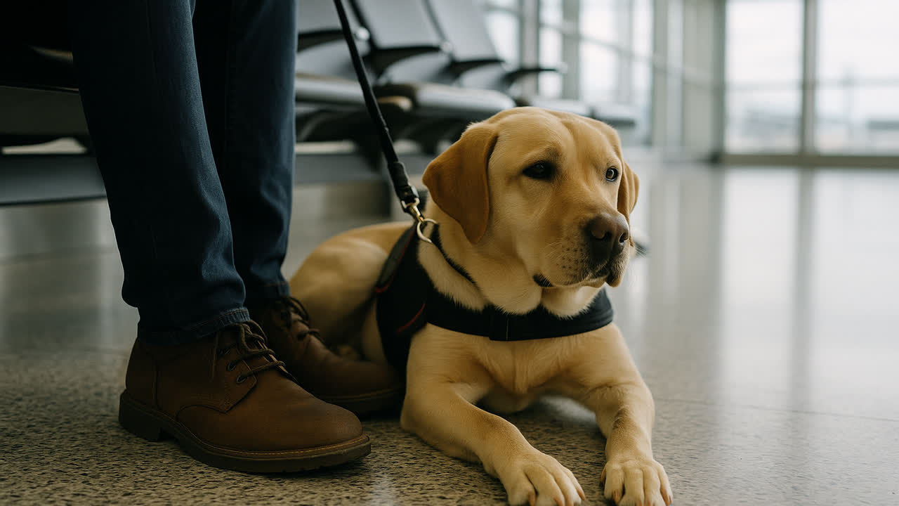 Calm service dog resting beside its handler in an airport terminal