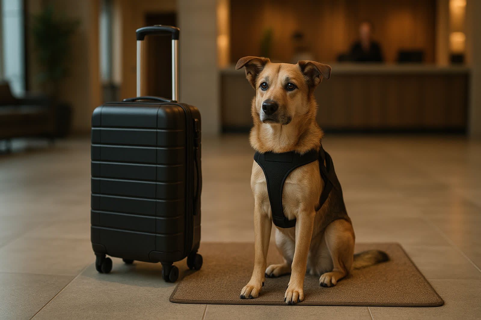 Service dog sitting calmly beside luggage in a hotel lobby
