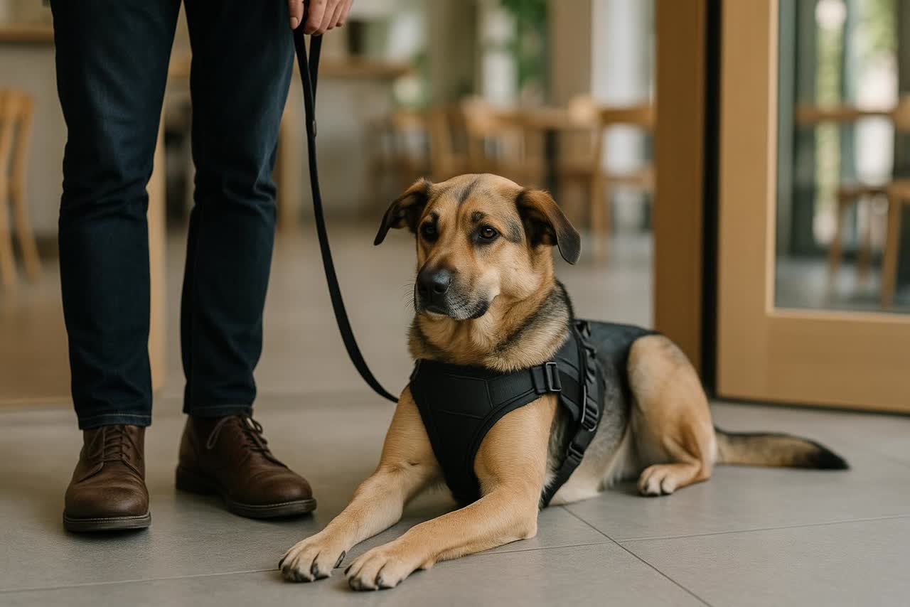 Calm psychiatric service dog beside handler in a café