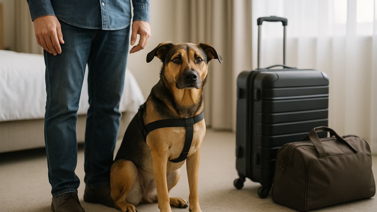Service dog with handler and luggage in a hotel room