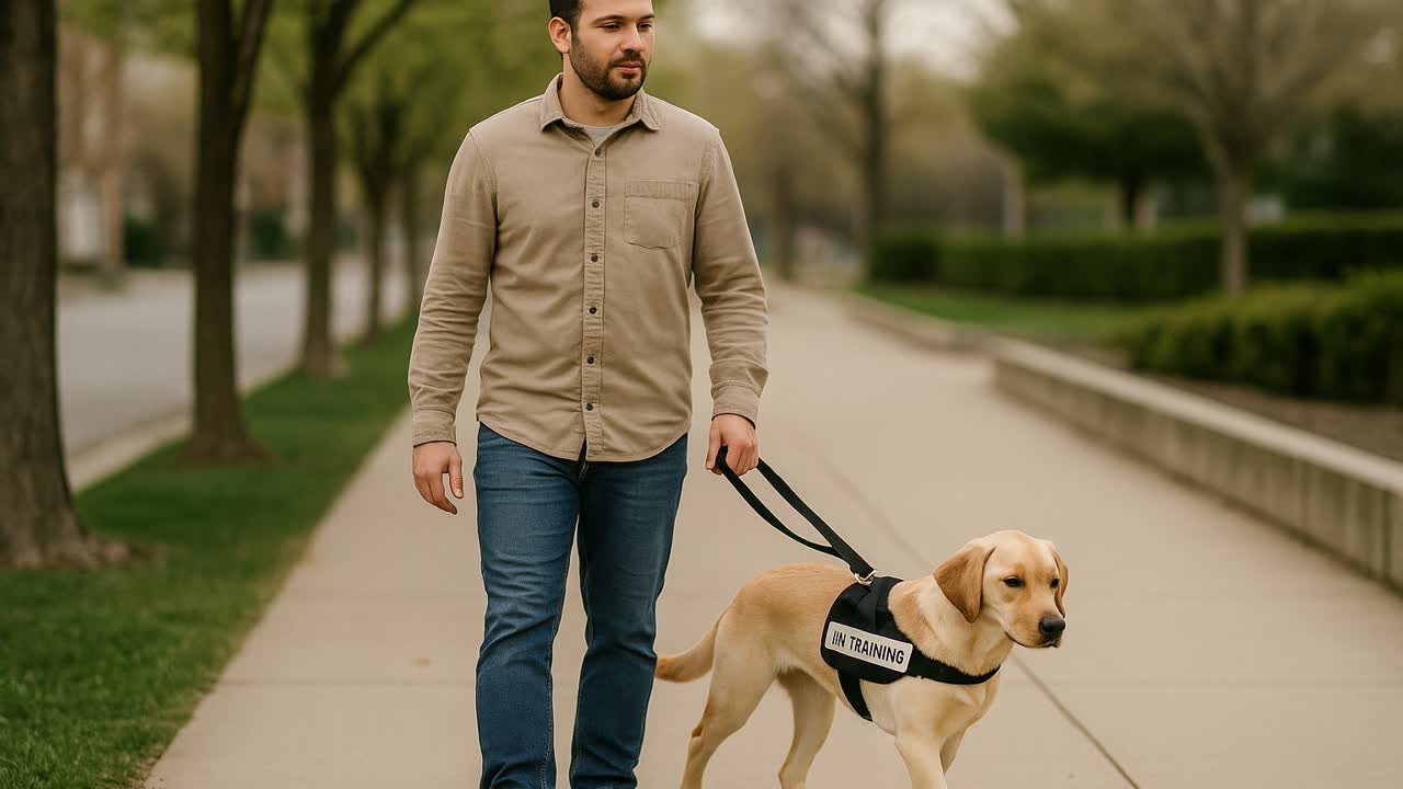 Handler walking a young service dog in training on a city sidewalk