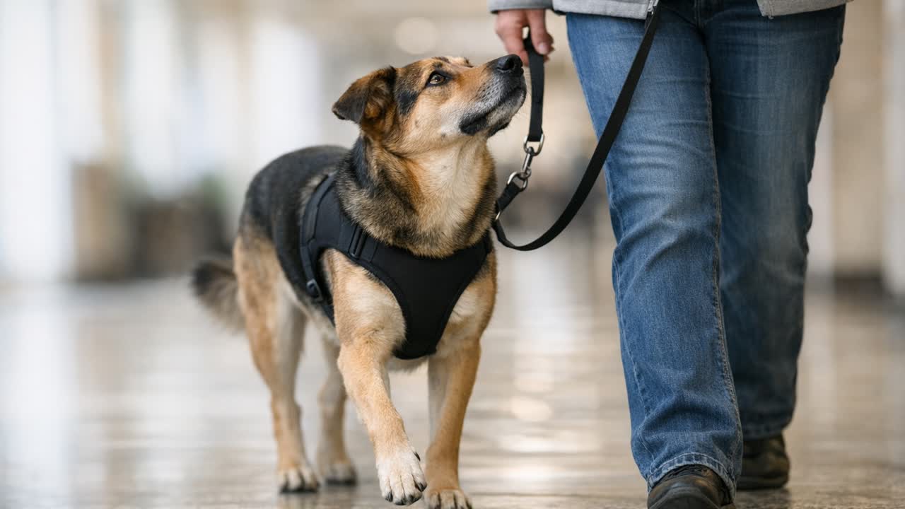 Service dog training session: handler practicing heel with a calm dog