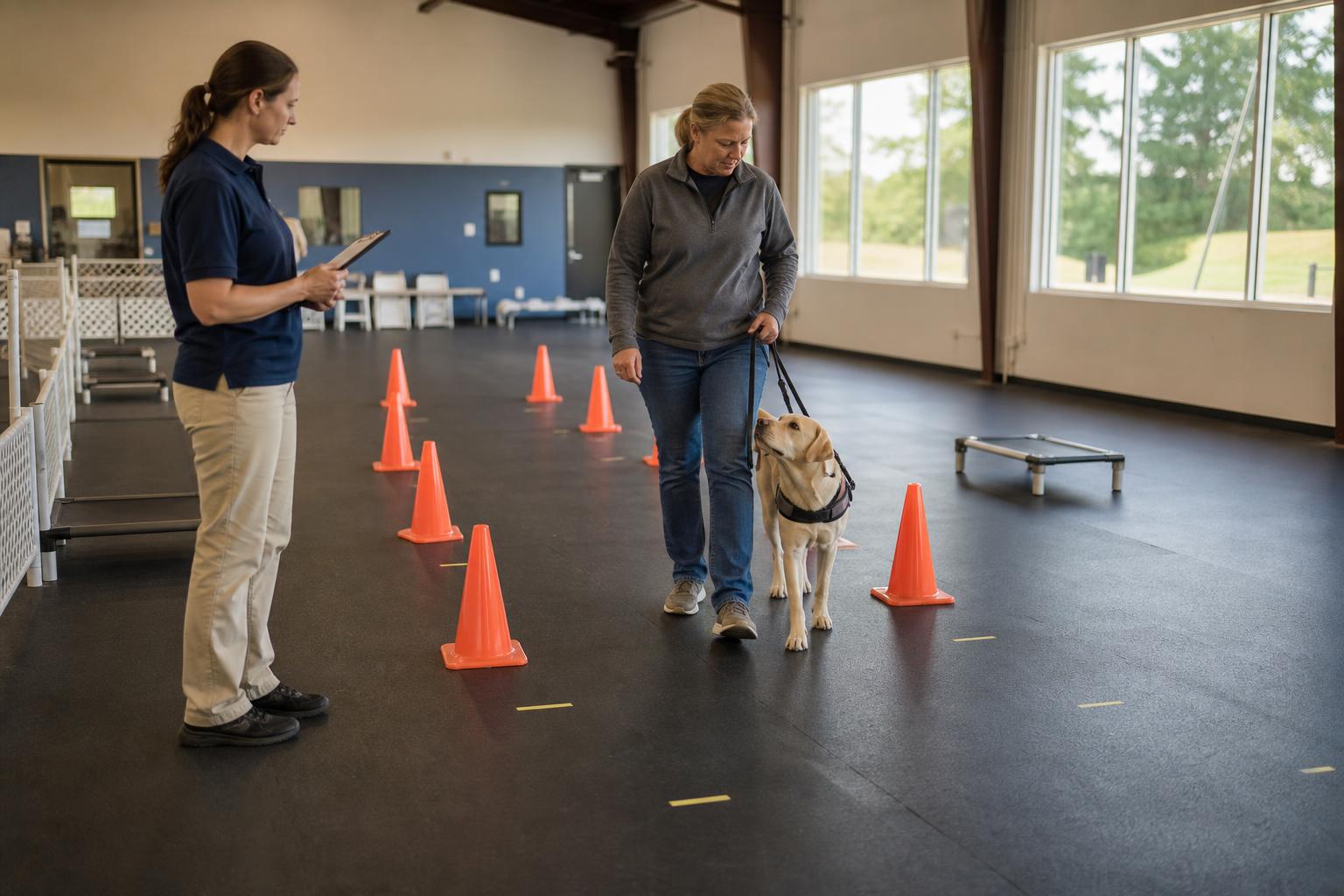 Professional assistance dog training facility evaluation with trainer, handler, and working dog in a structured assessment setting.