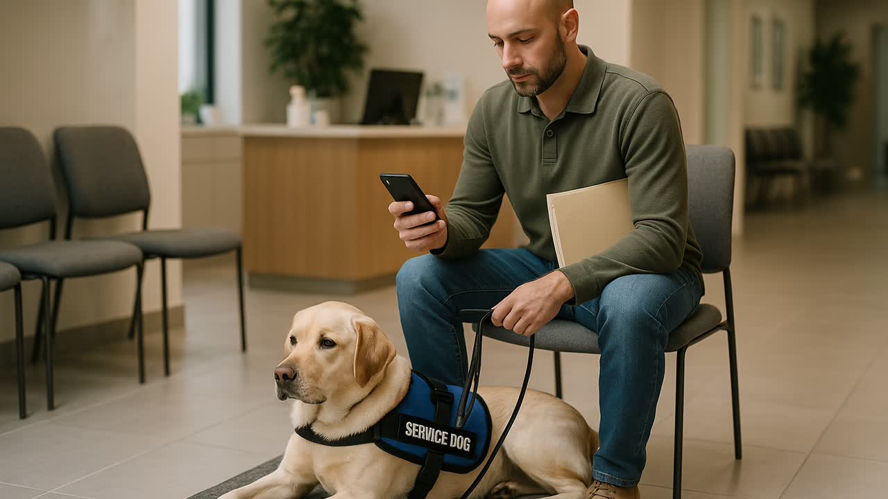 Dog owner reviewing veterinary records on a phone during a clinic visit