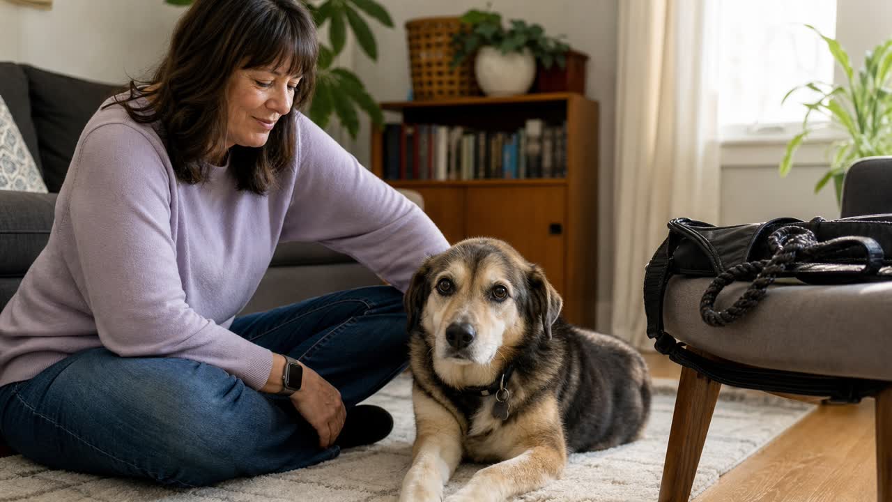 Retired service dog resting at home beside its handler during the transition from working life.