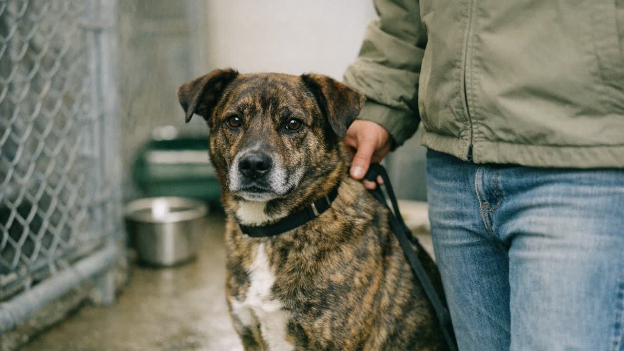 Calm mixed-breed shelter dog with a brindle coat sitting beside handler.