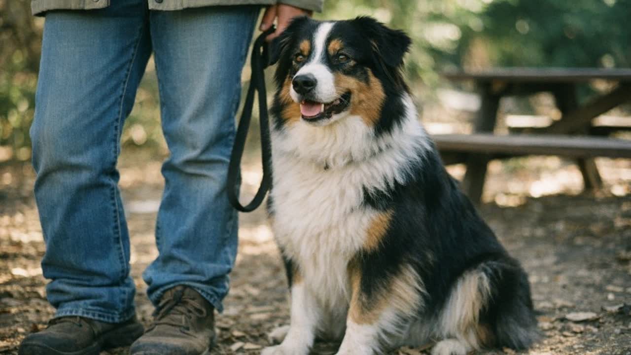 Calm Australian Shepherd sitting beside handler.