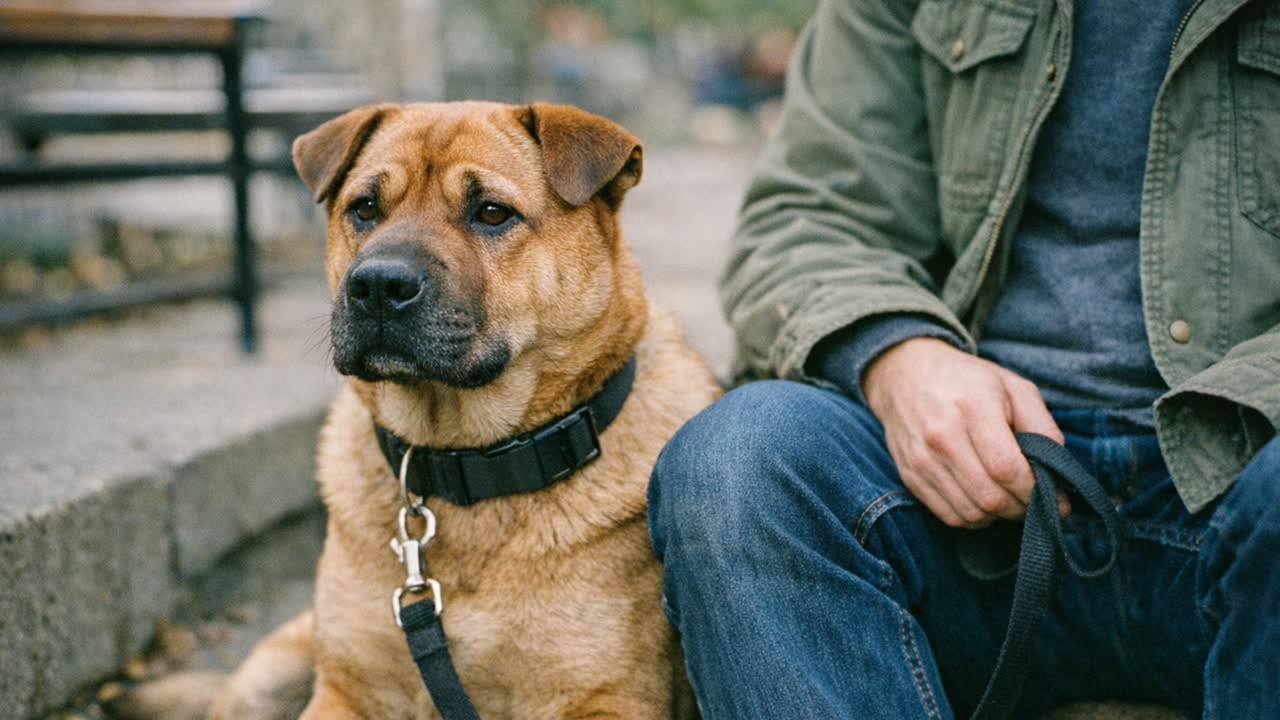Calm Shar-Pei mix sitting beside handler.
