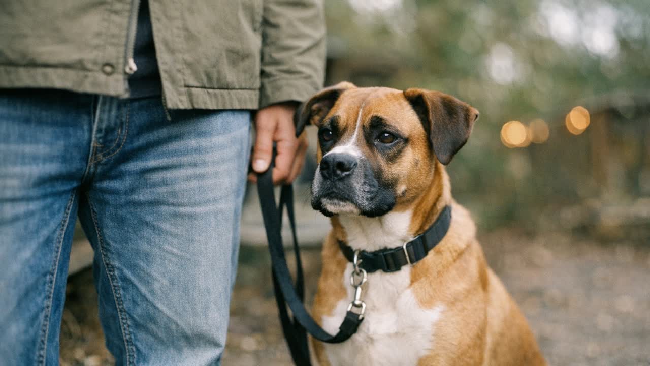 Calm Boxer mix sitting beside handler.