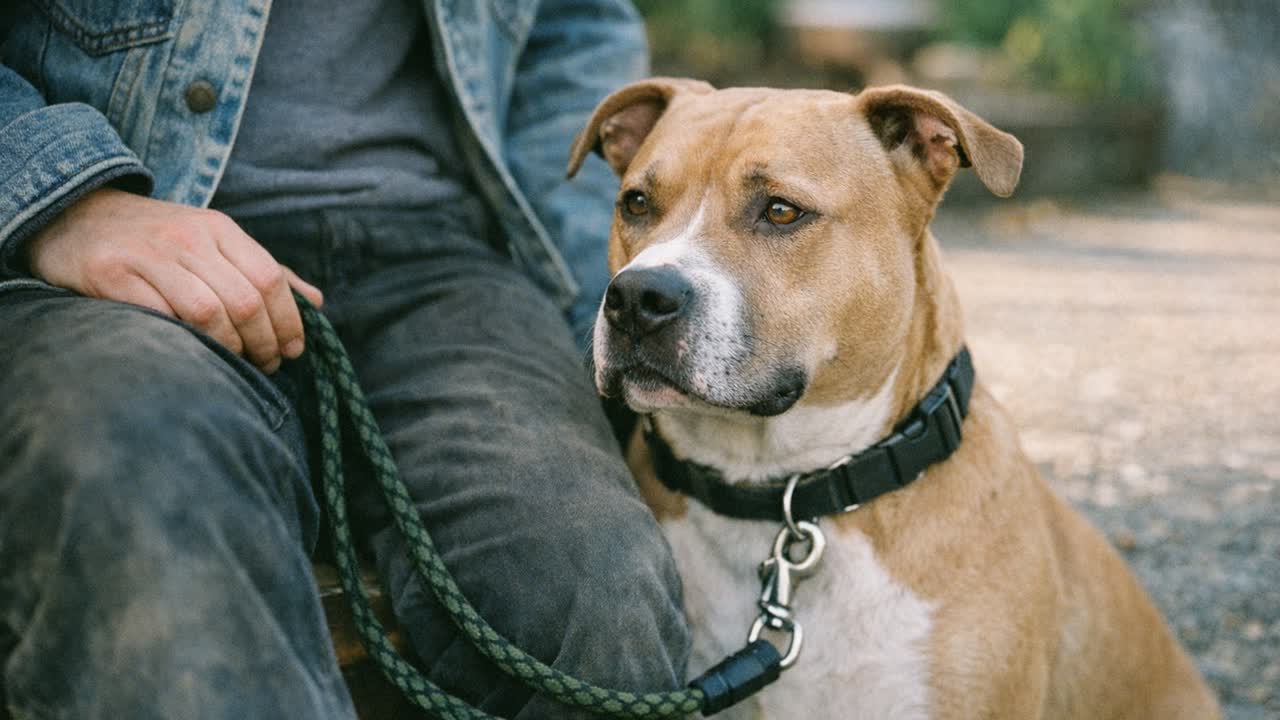Calm Pit bull mix sitting beside handler.