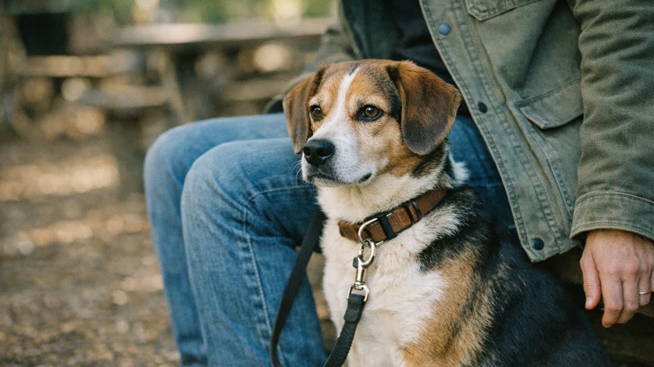Calm Beagle mix sitting beside handler.