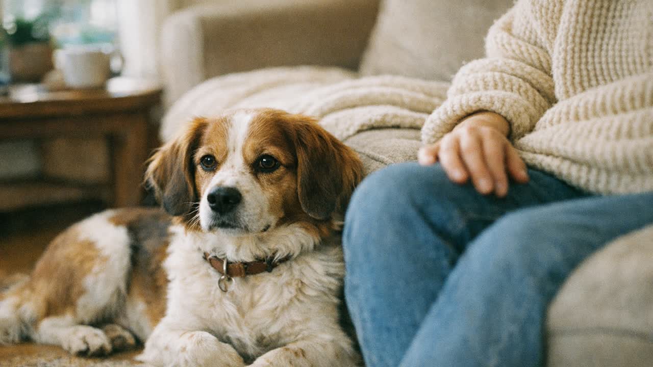 Calm Spaniel mix inside a cozy living room near a couch.
