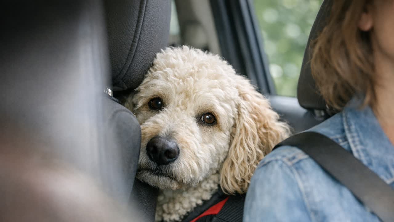 Calm Standard Poodle mix peeking out of a car seat with seatbelt visible.