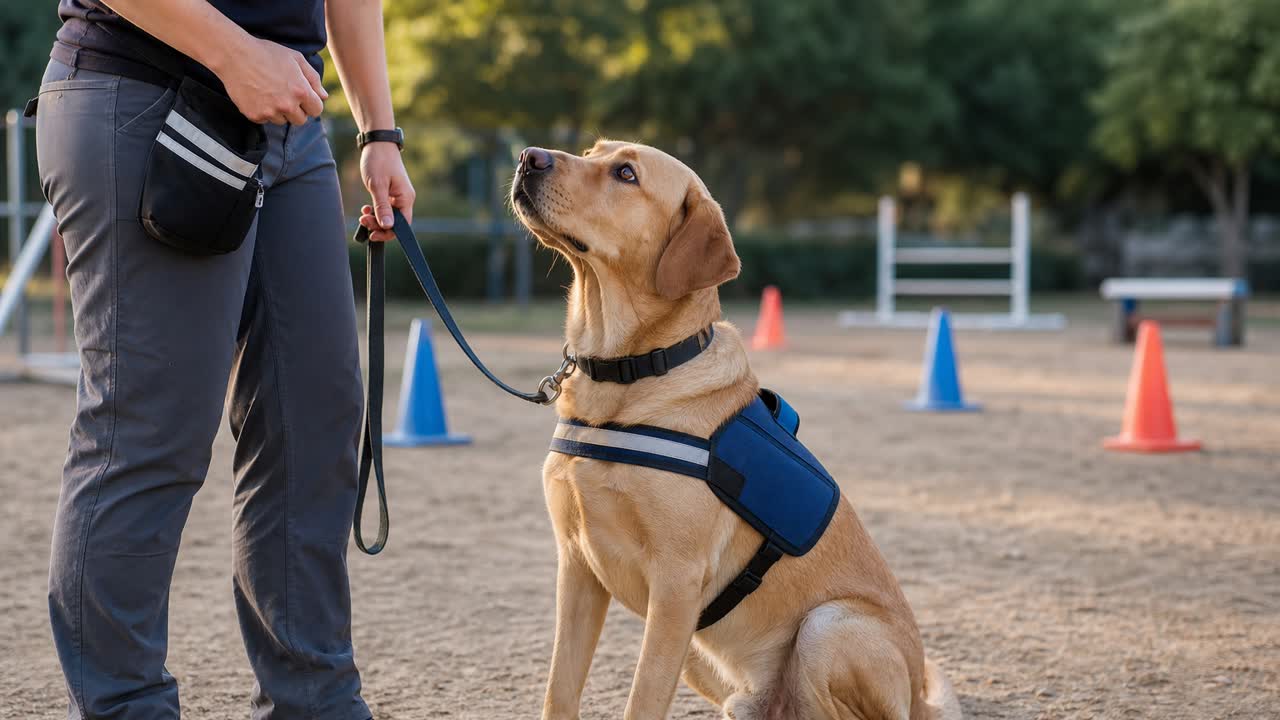 Service dog prospect working with a professional trainer during an assistance dog training session.