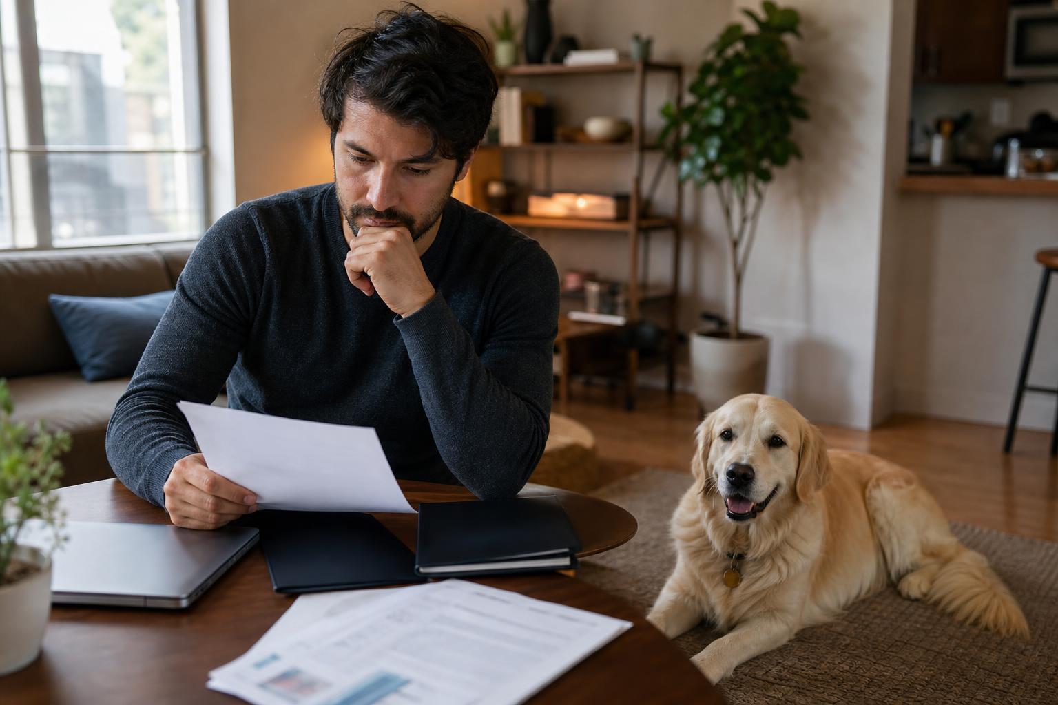 Adult handler and calm dog in a home setting with subtle paperwork and emotional-support documentation context.