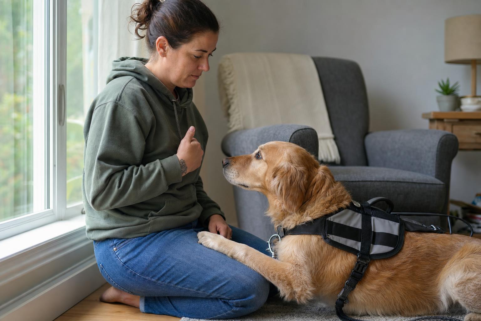 Calm handler and psychiatric service dog in a grounded training moment in a quiet everyday setting.