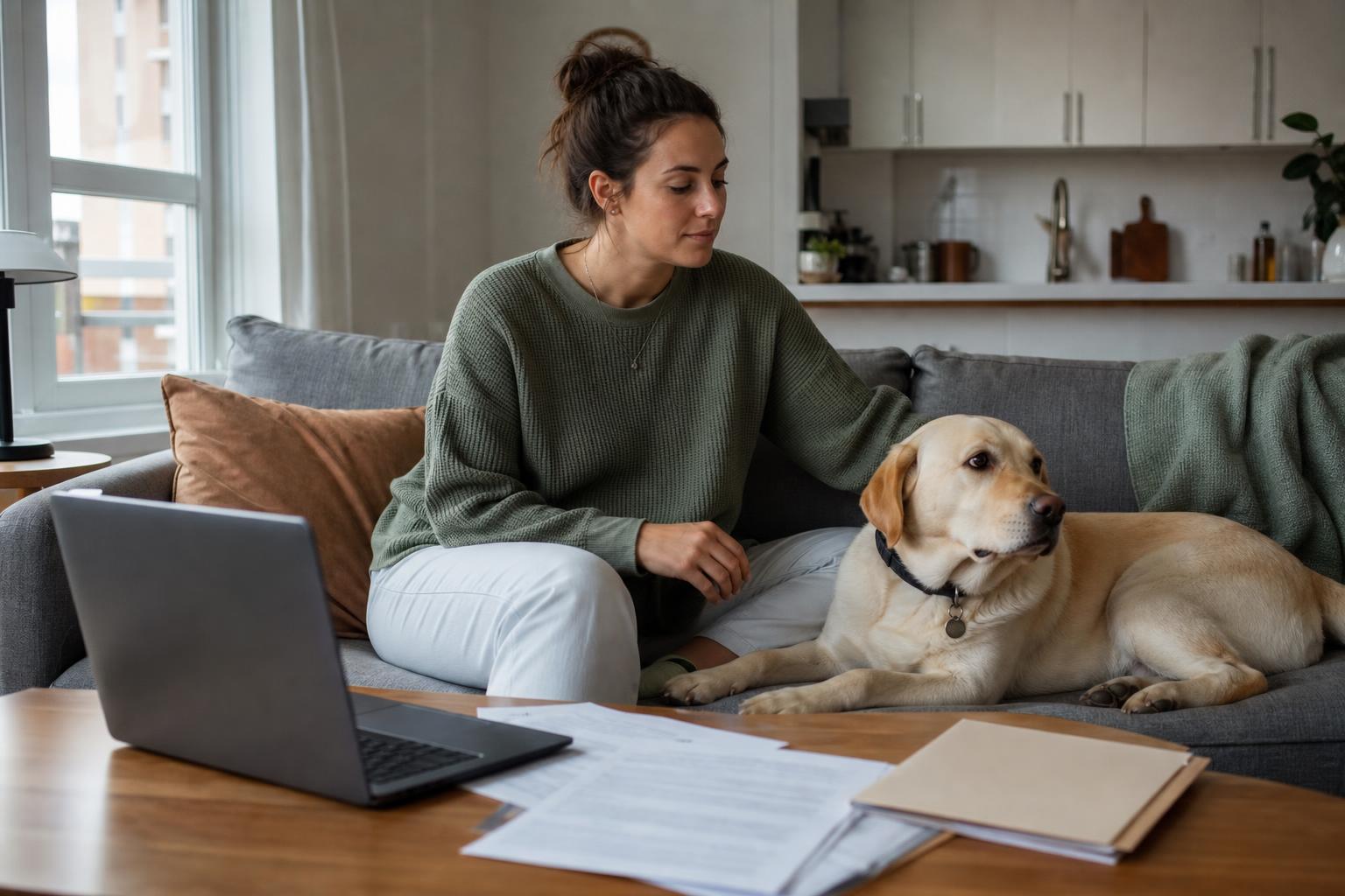 Adult handler and calm dog in a home setting with subtle housing and documentation context for emotional support animal guidance.