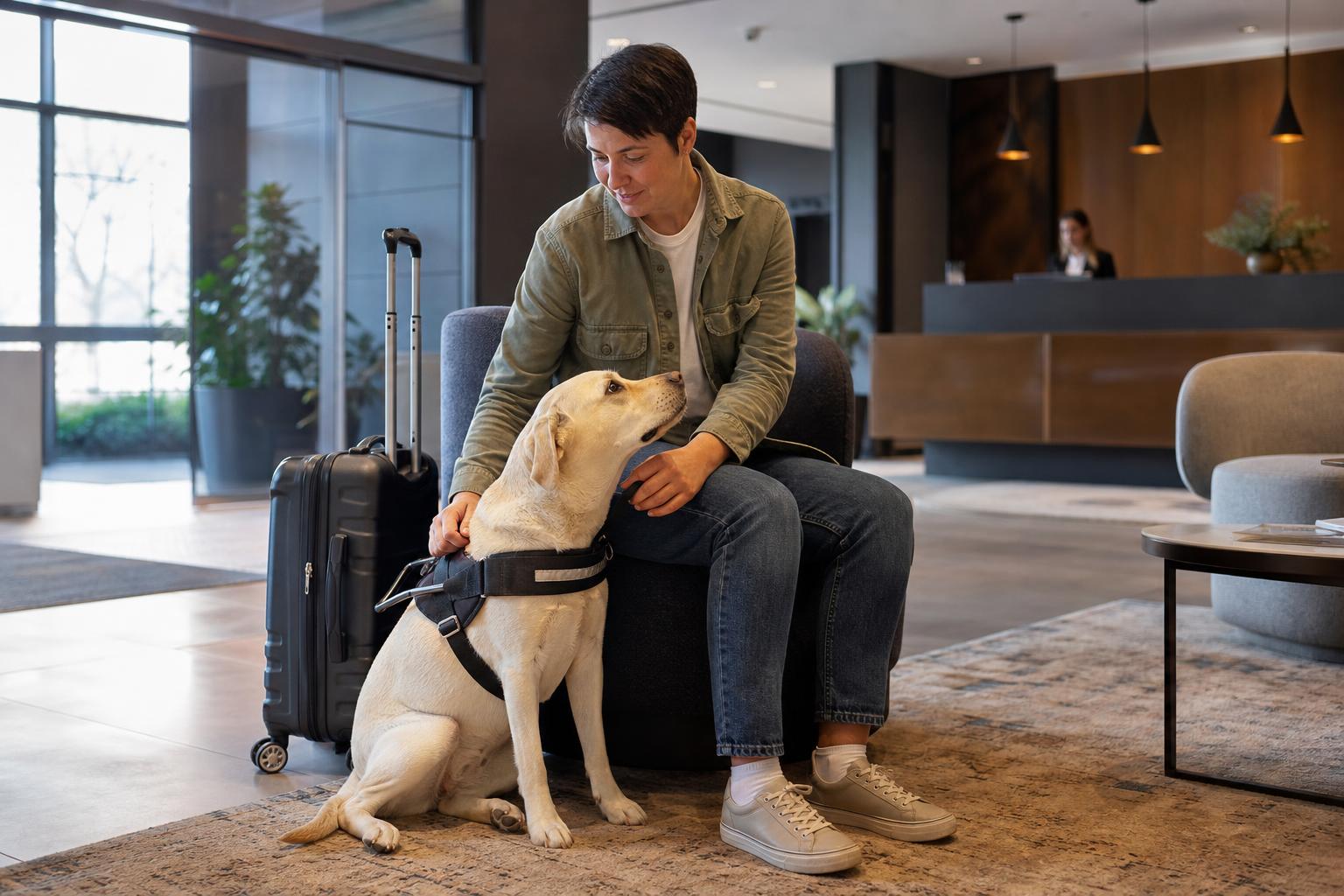 Service dog and handler in a realistic hotel setting with subtle luggage and travel context.