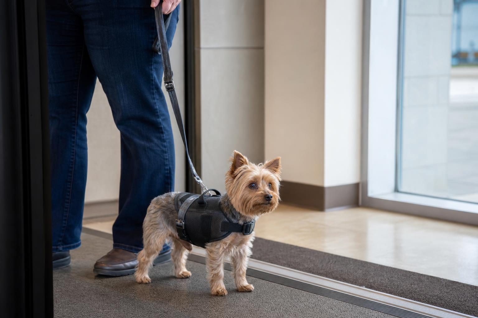 Small Yorkshire terrier working calmly beside an adult handler in a realistic everyday service-dog setting.