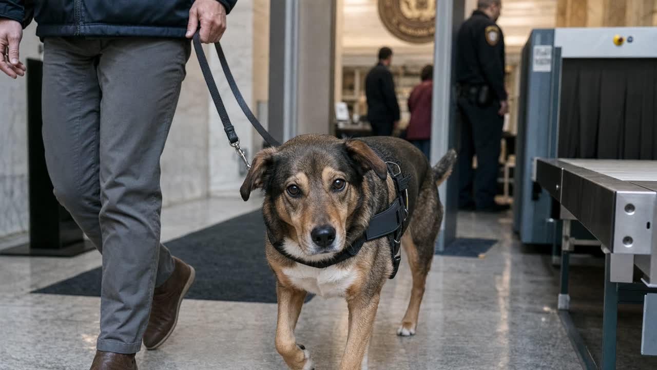 Service dog and handler moving through courthouse security screening