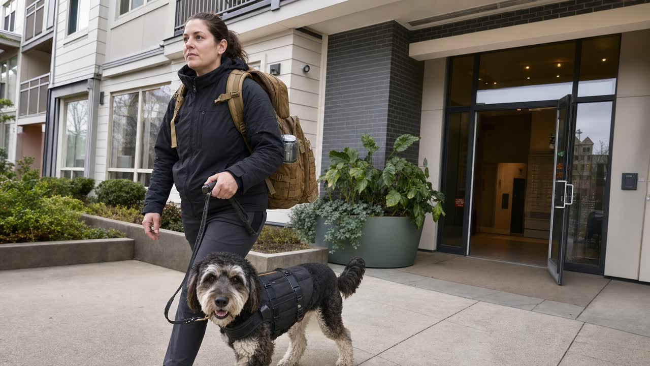 Service dog and handler leaving an apartment building with an emergency go-bag