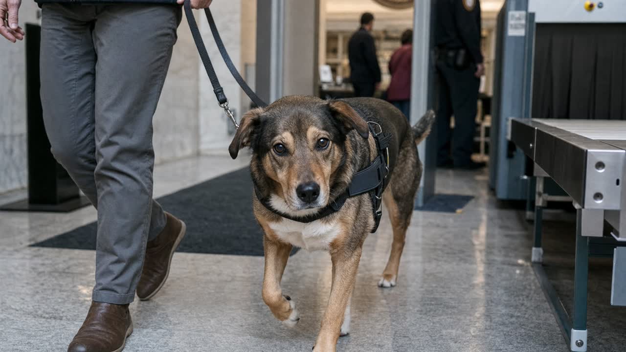 Service dog with handler at courthouse security checkpoint