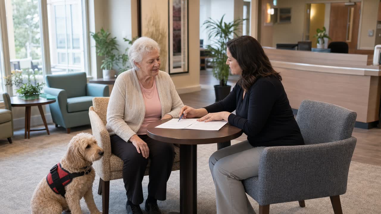 Older adult with a service dog reviewing senior apartment housing paperwork
