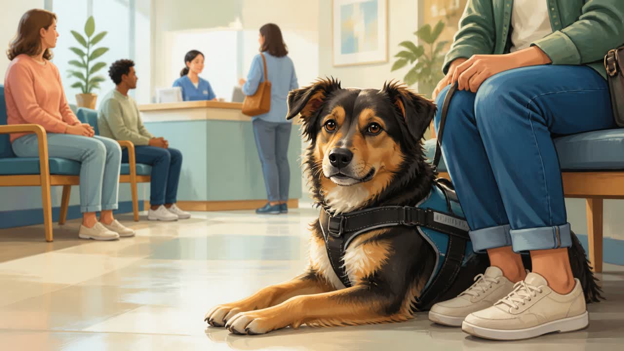 Illustration of a calm service dog waiting beside its handler in a vaccine clinic waiting room