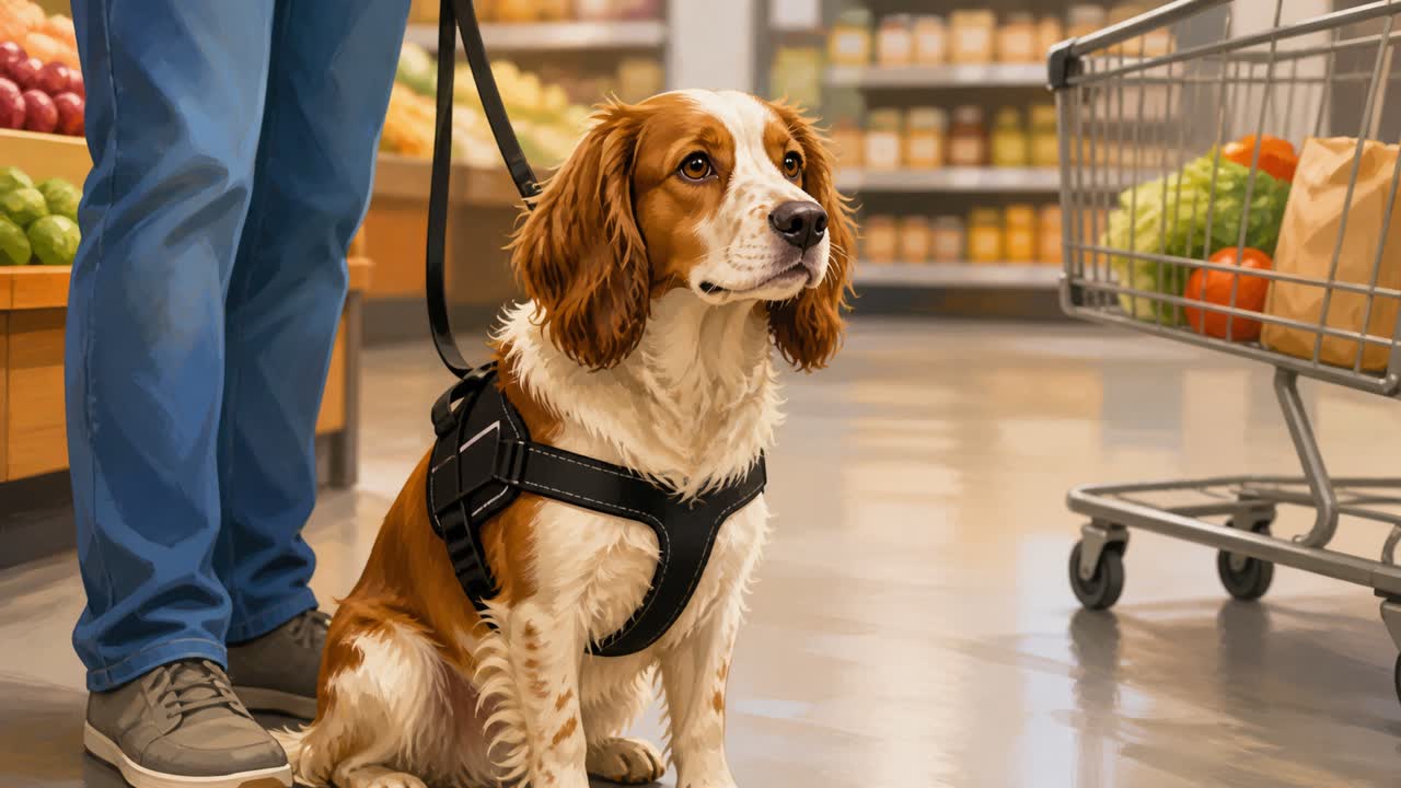 Illustration of a service dog staying focused with its handler in a grocery store aisle