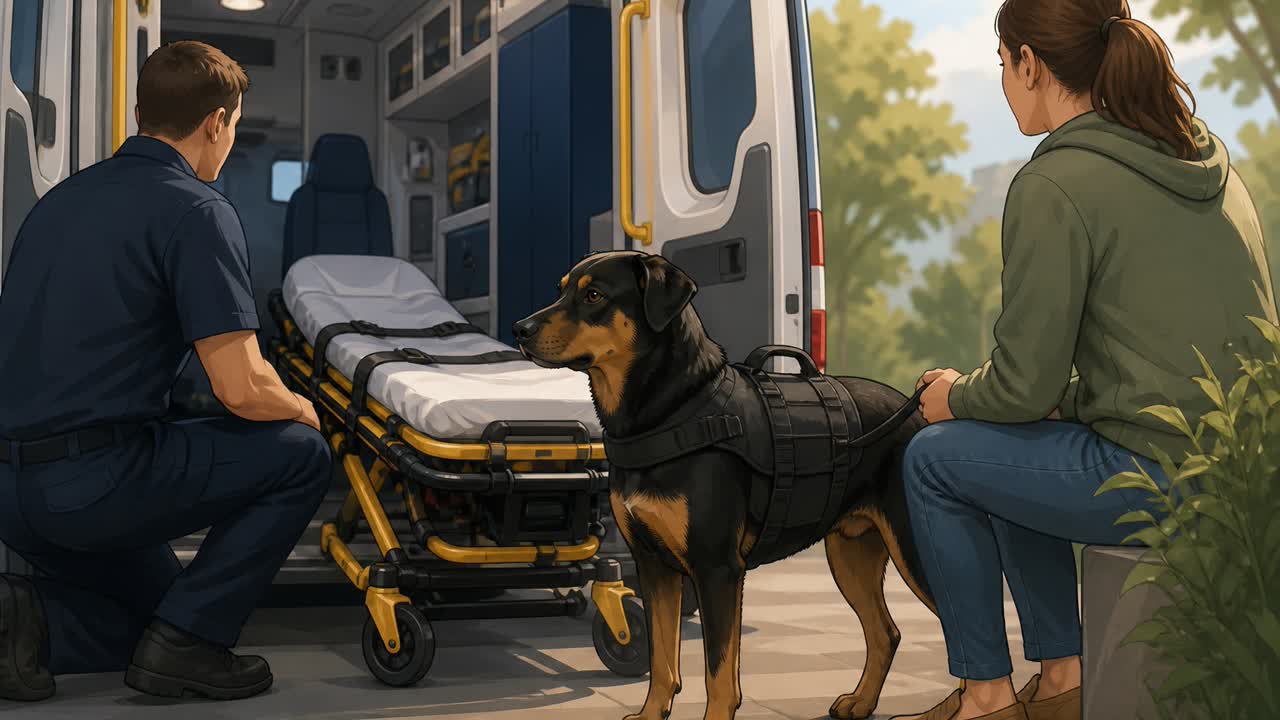 Illustration of a service dog and handler beside an ambulance stretcher