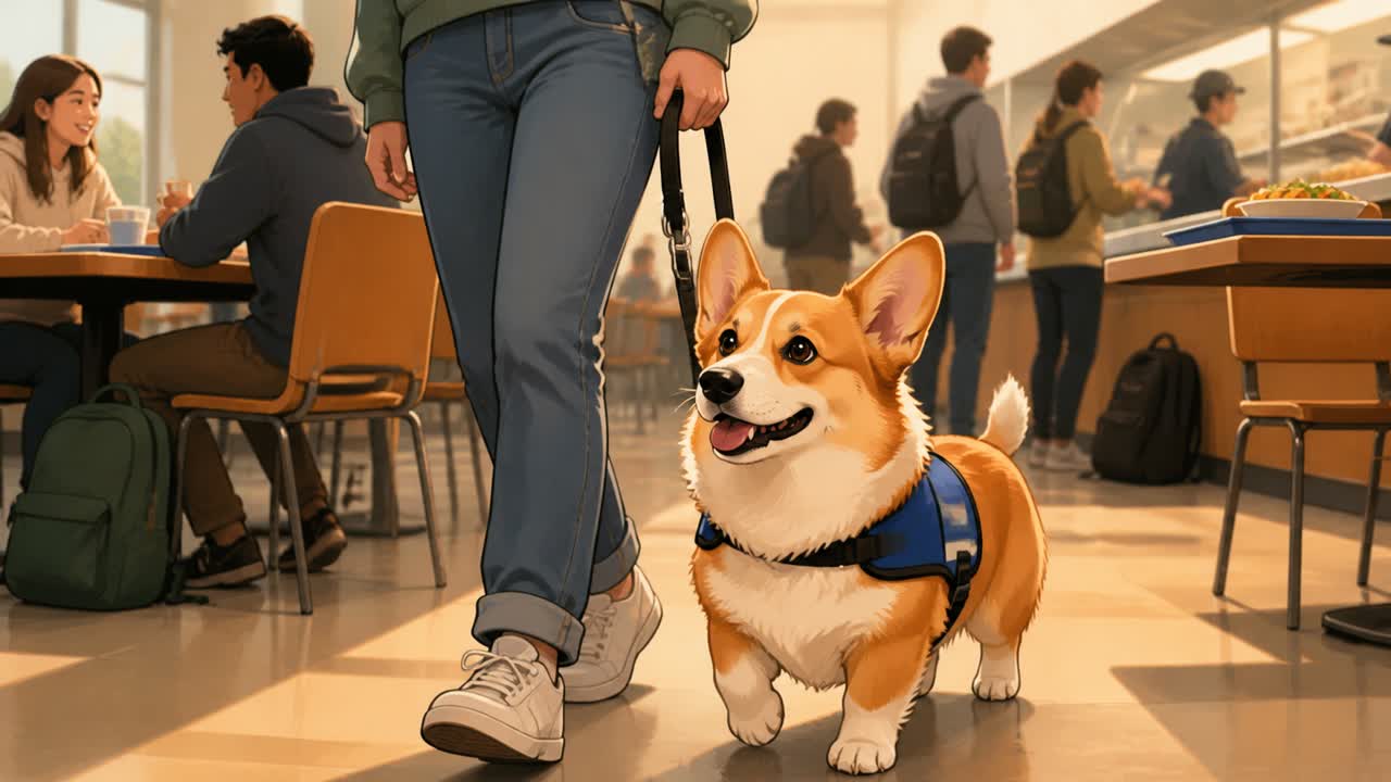 Illustration of a service dog walking beside a handler in a campus dining hall