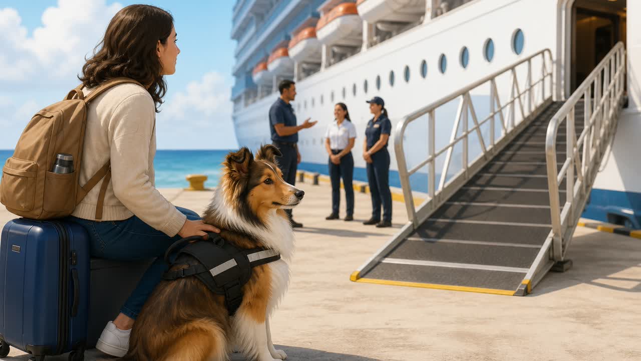 Illustration of a service dog and handler preparing to board a cruise ship