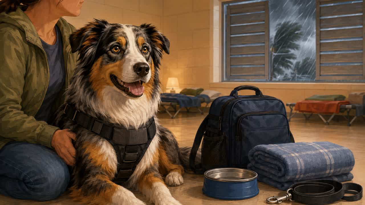 Illustration of an Australian Shepherd service dog with hurricane shelter emergency supplies